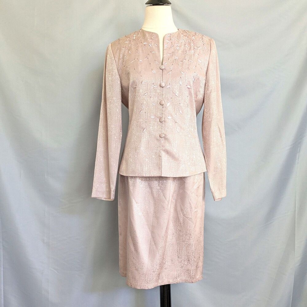 Adrianna Papell Silk Skirt Suit Set 8 Pink Metallic Sheen Beaded Vintage